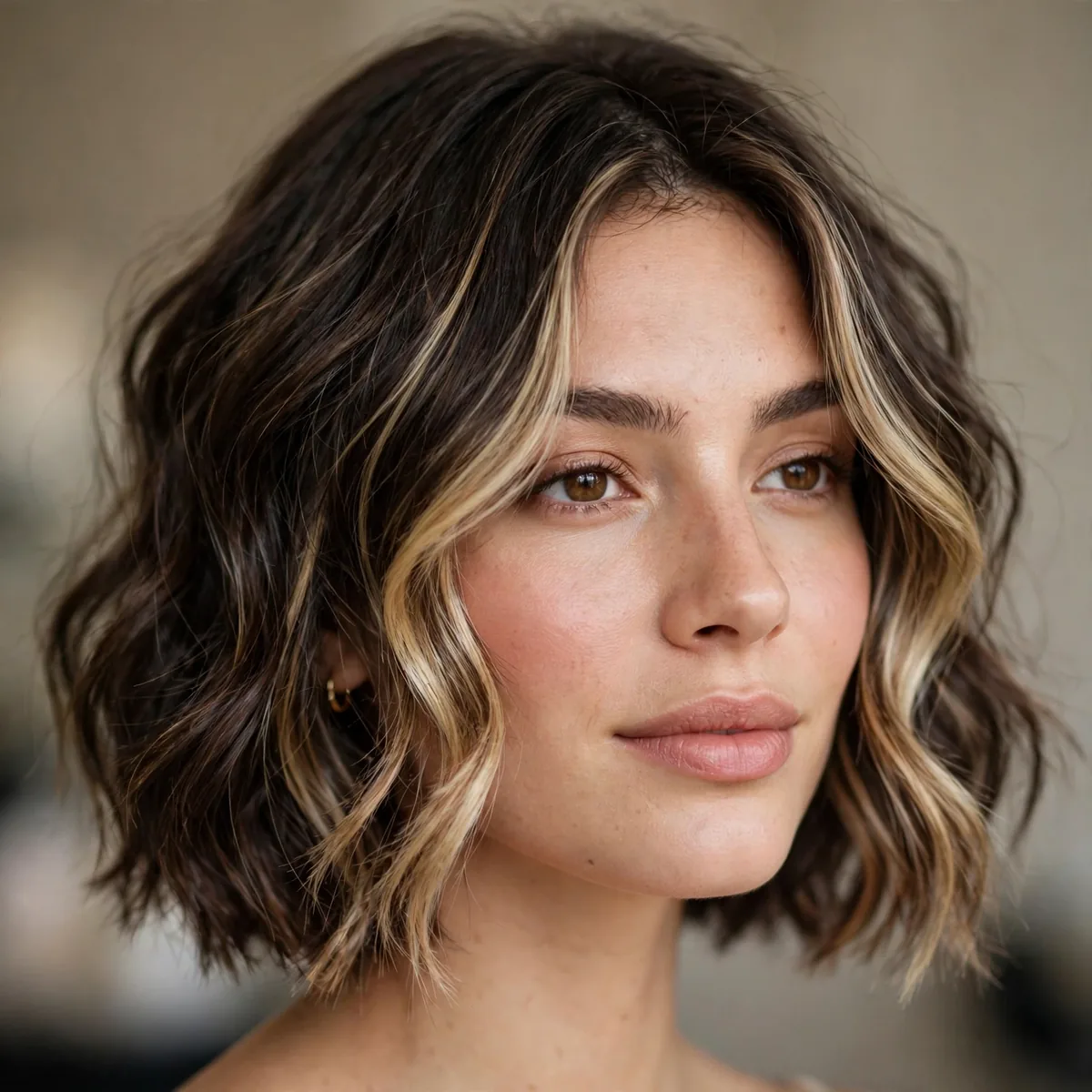 Wavy bob with bright face framing highlights