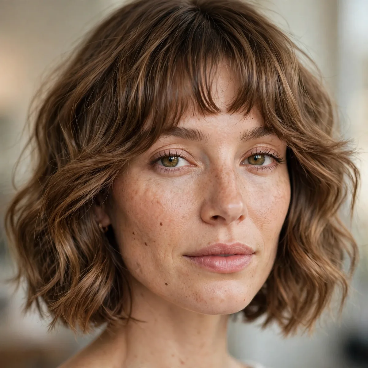 Wavy bob with bottleneck bangs
