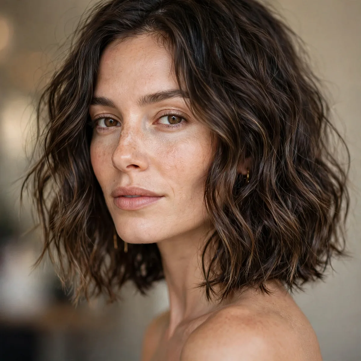 Textured wavy long bob at collarbone length