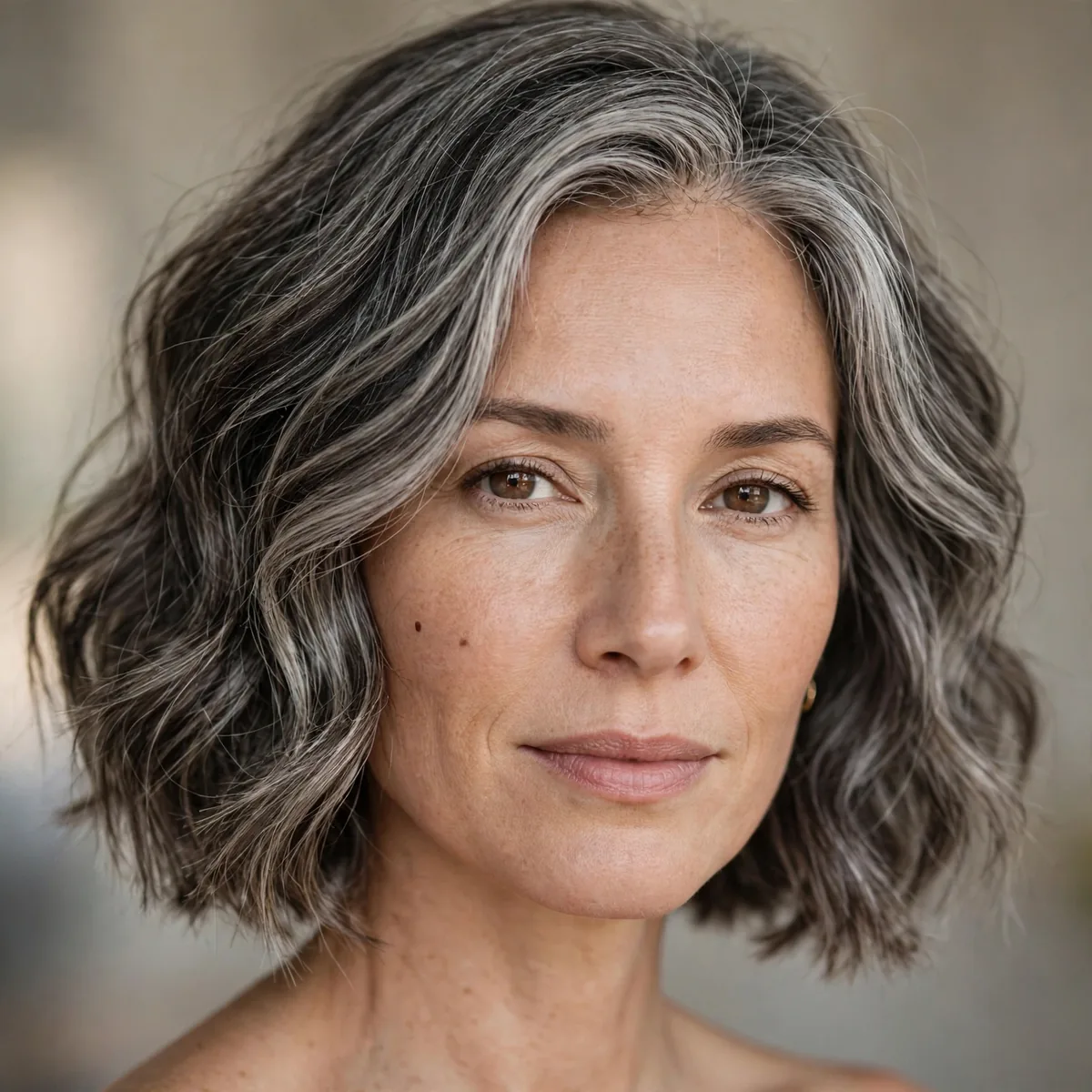 Wavy bob showing off natural salt and pepper gray hair