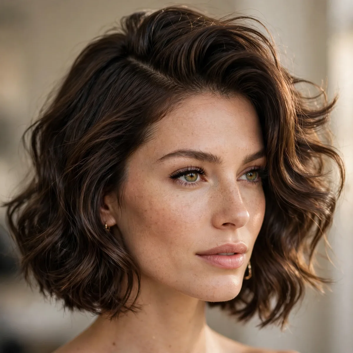 Wavy bob styled with a deep side part for volume