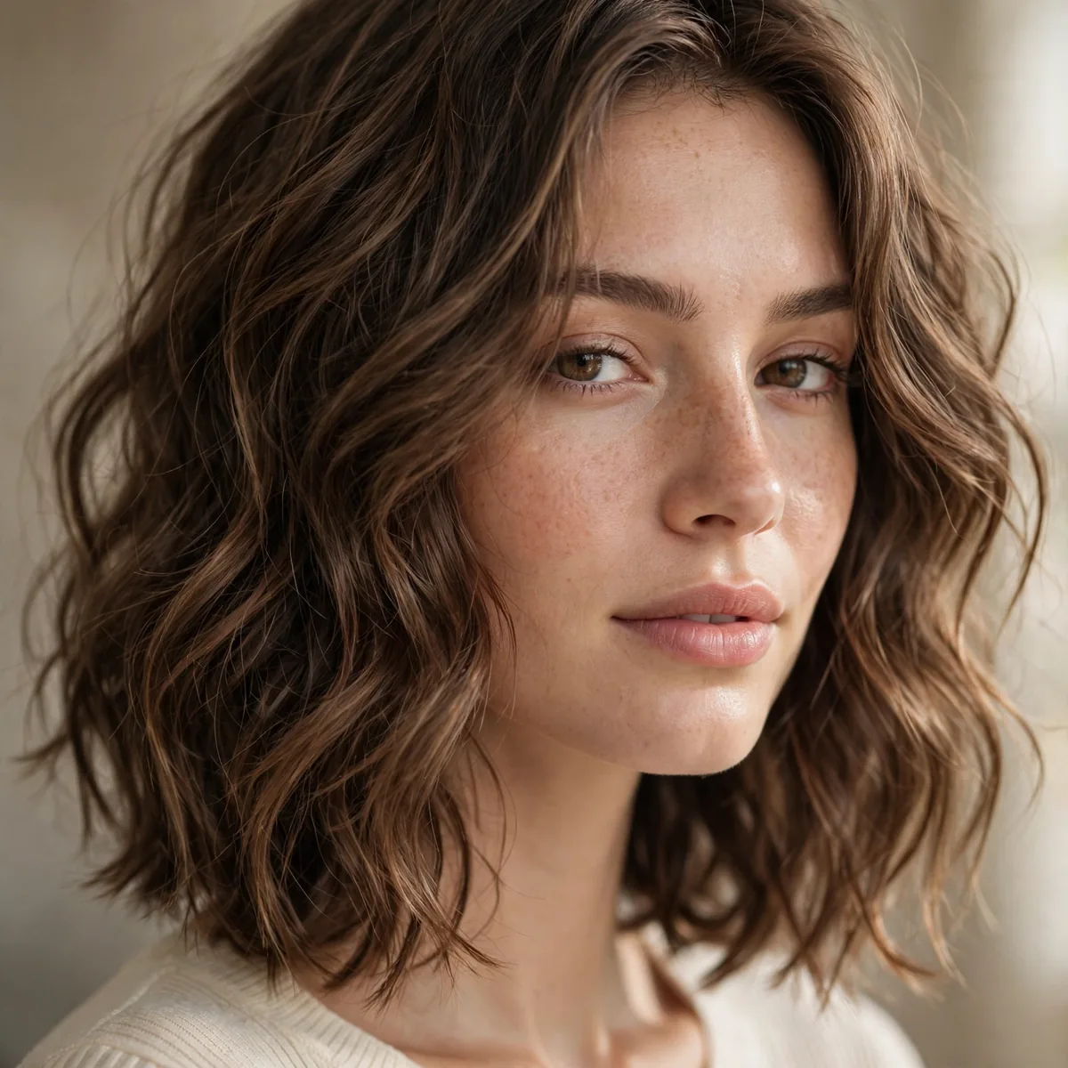 Wavy haircut at collarbone length with soft layers