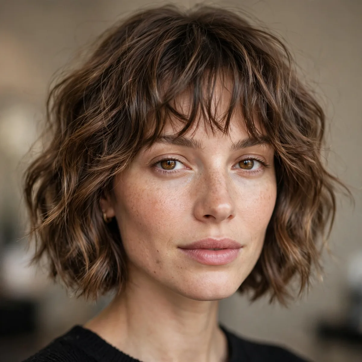 Wavy bob with piece-y textured bangs