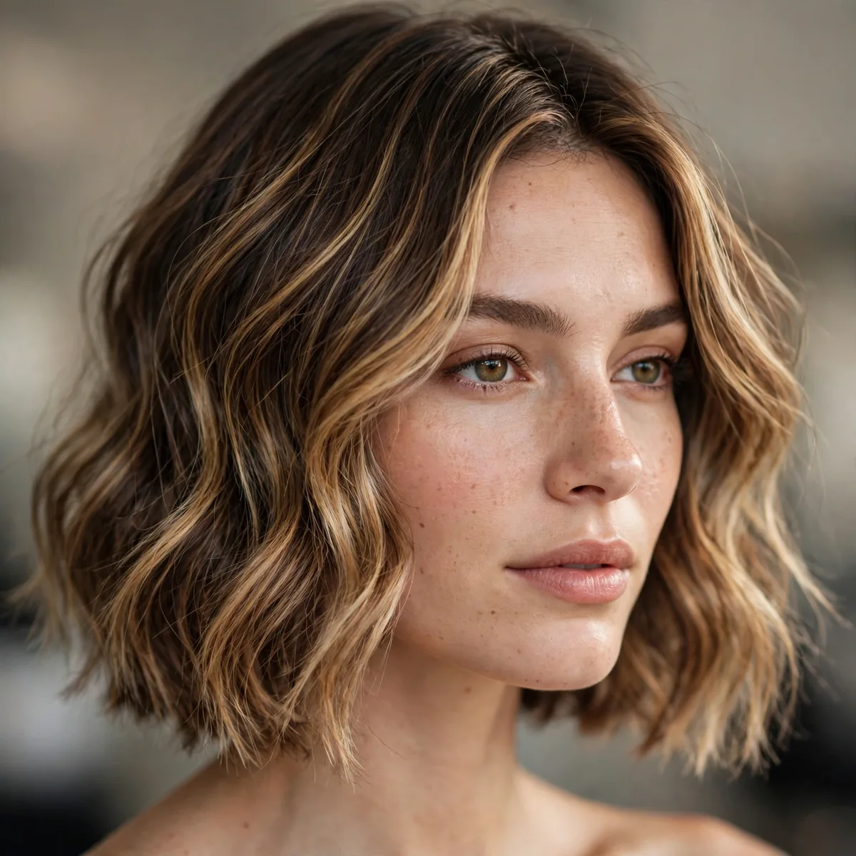 Wavy bob with sun kissed balayage highlights