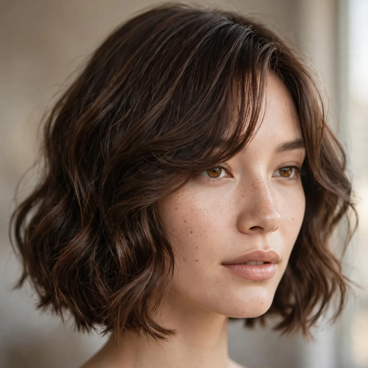 Wavy bob with long side swept bangs