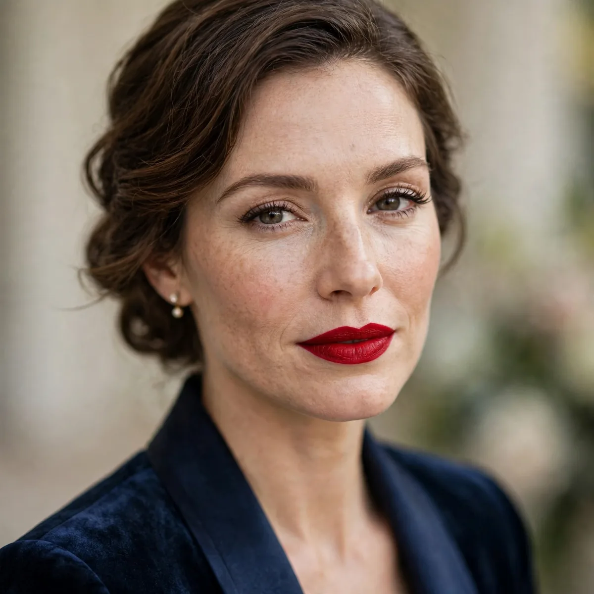 Wedding guest with bold red lip