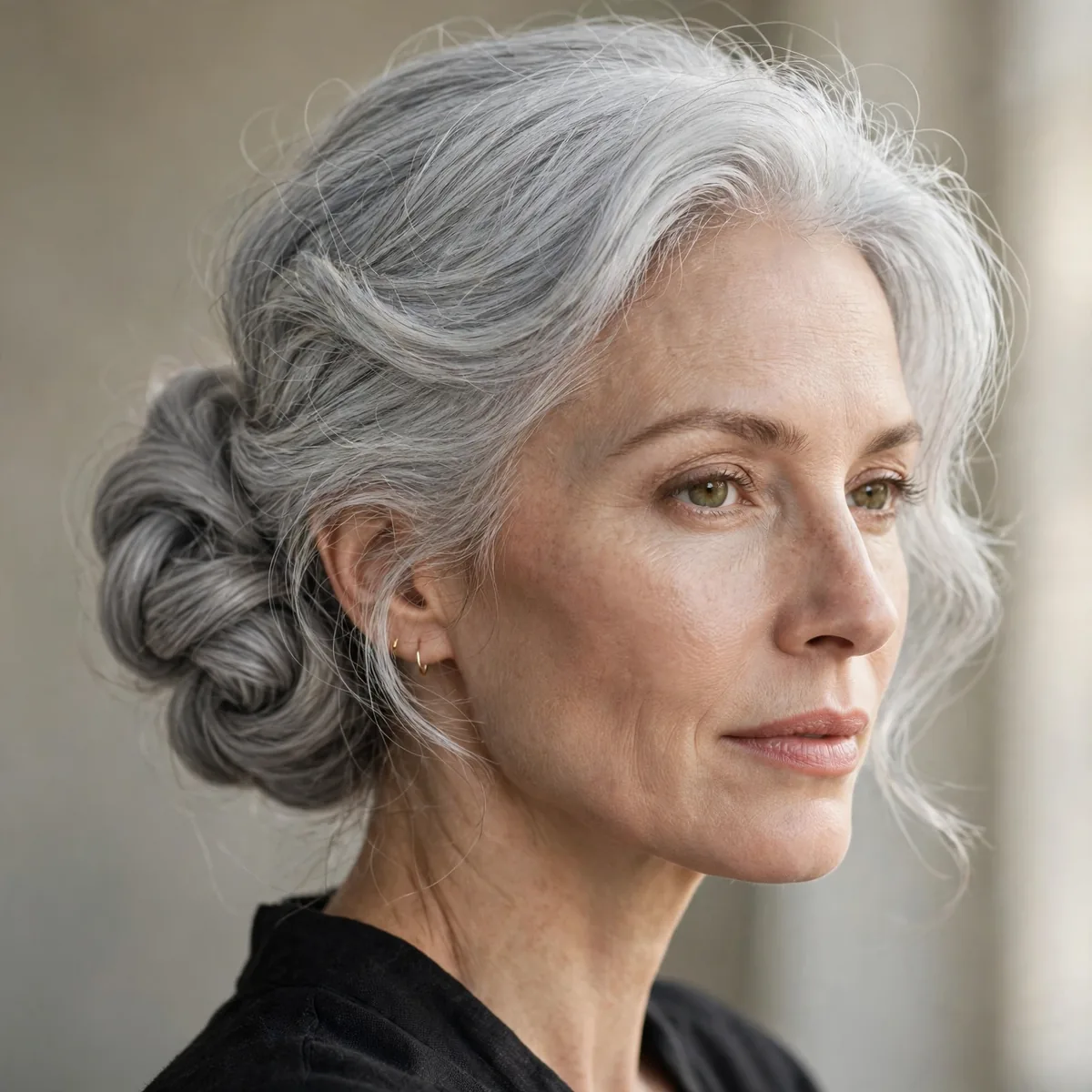Classic Silver Chignon hairstyle in silver grey with airy fullness