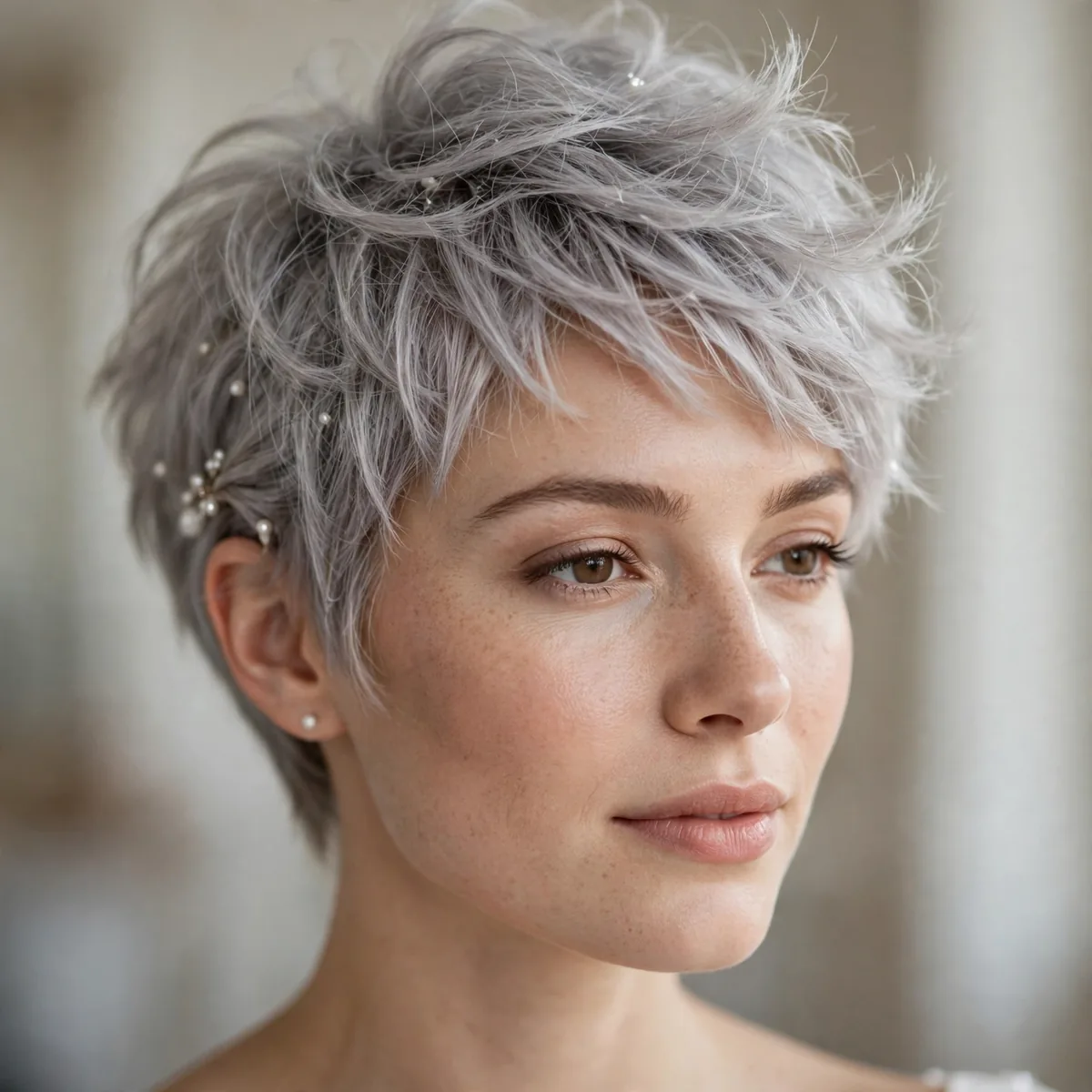 Textured Bridal Pixie hairstyle in light grey with airy fullness