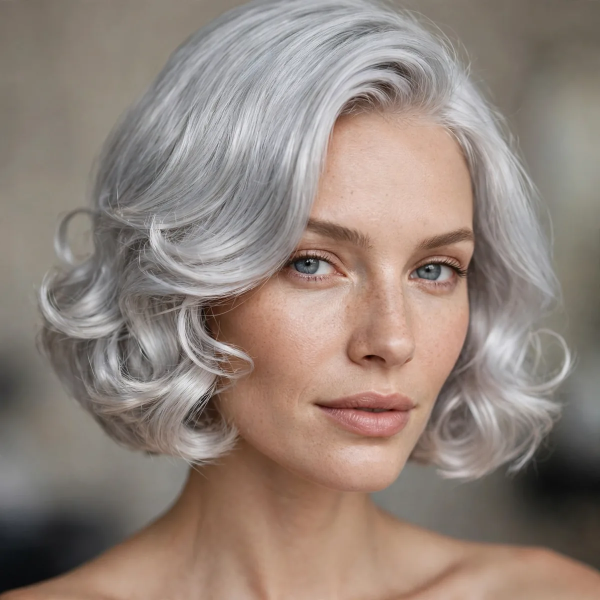 Polished Silver Bob hairstyle in platinum silver with gentle curls