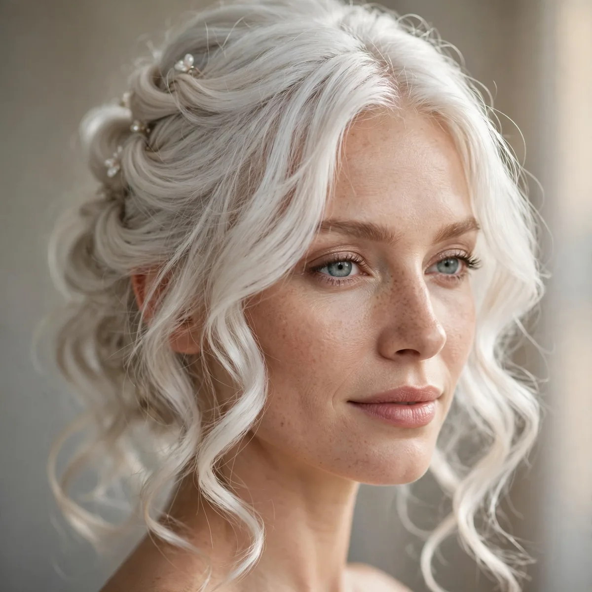 Half-Up Bridal Style hairstyle in soft white with gentle curls