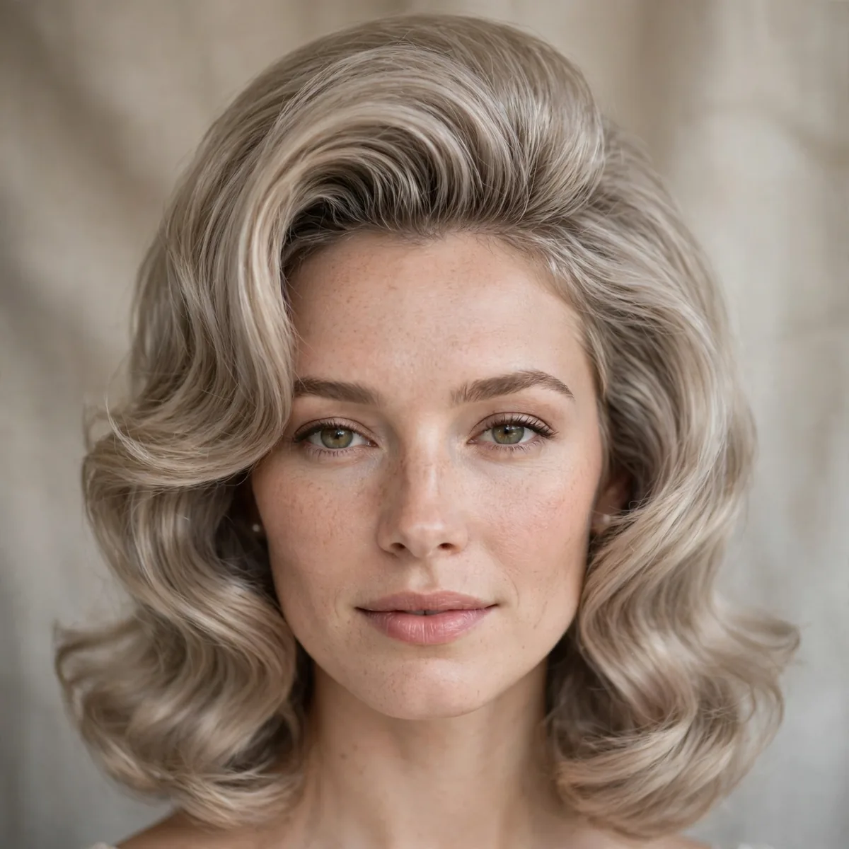 Classic Bridal Bouffant hairstyle in ash blonde with romantic waves