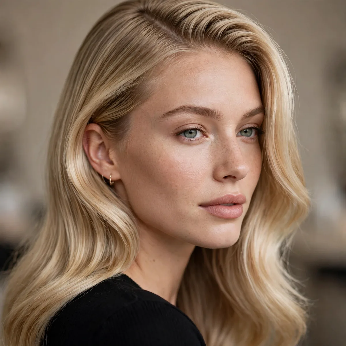 Side-Parted Elegance hairstyle in champagne blonde with smooth polish