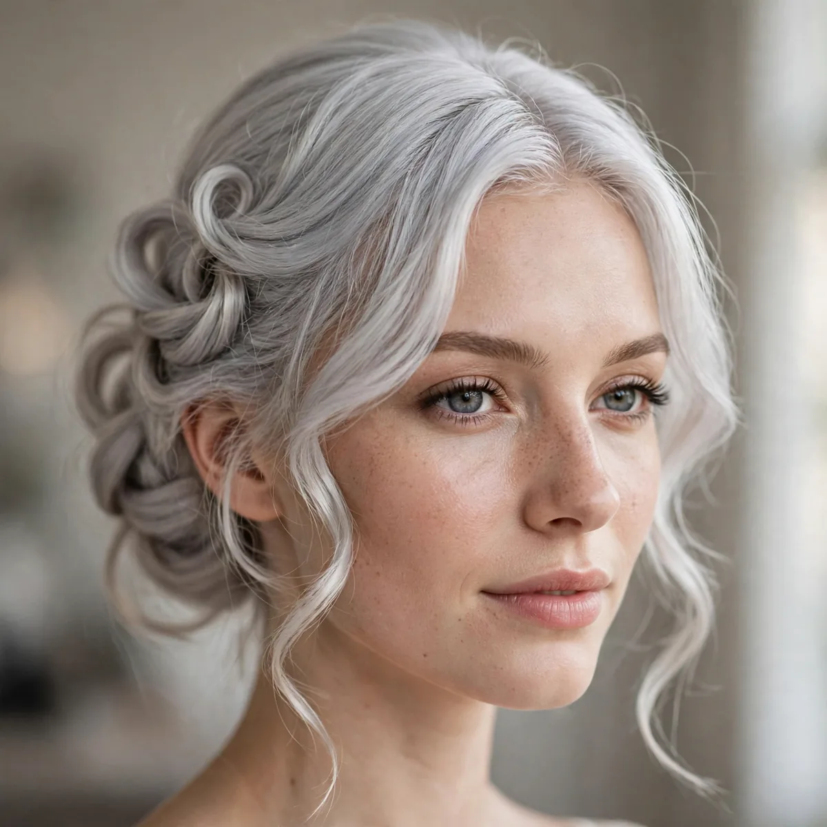Timeless Bridal Knot hairstyle in platinum silver with gentle curls