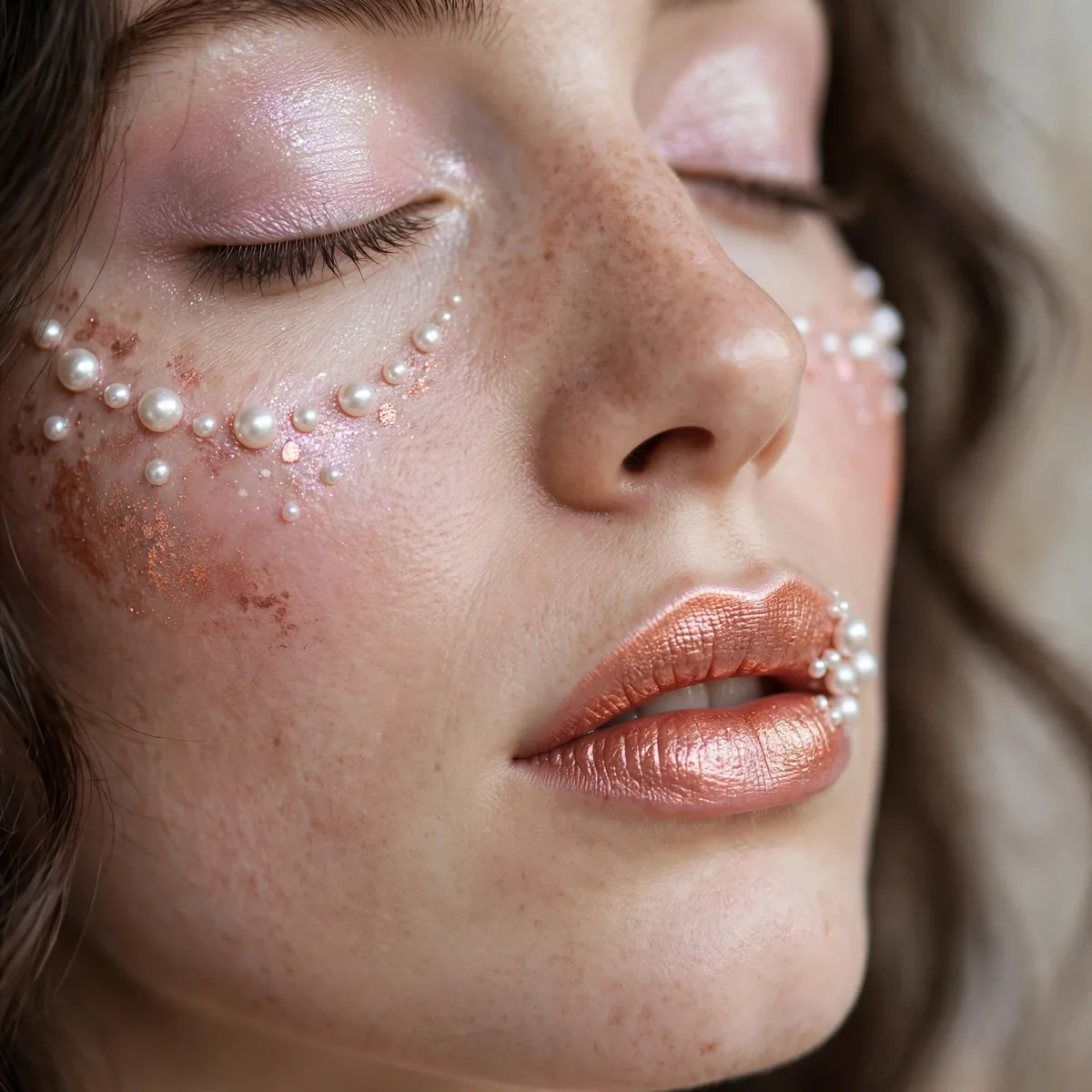 Close-up of Copper Kiss Ceremony featuring pearl shimmer and pale pink
