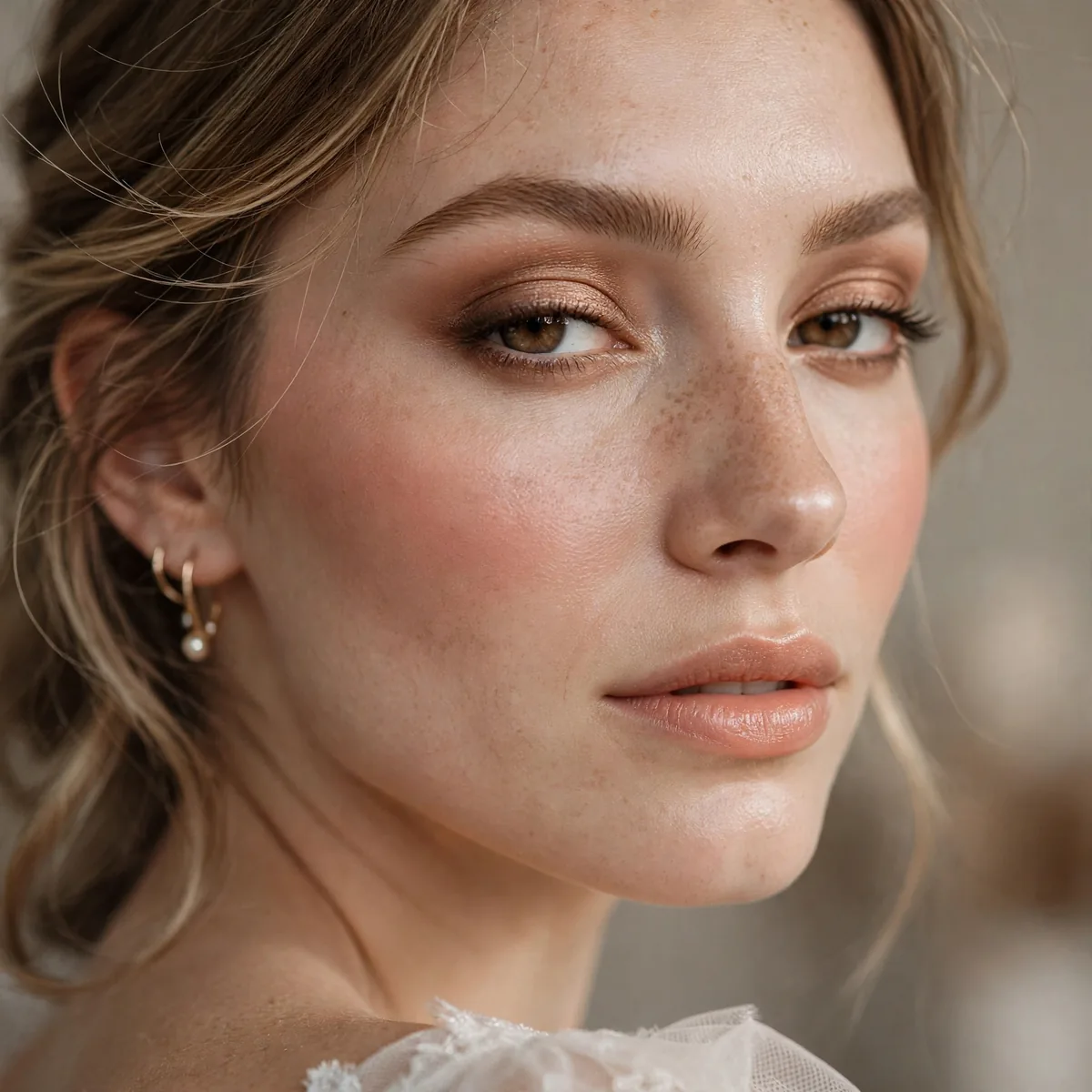 Close-up of Whisper Blush Bridal featuring muted bronze and soft peach