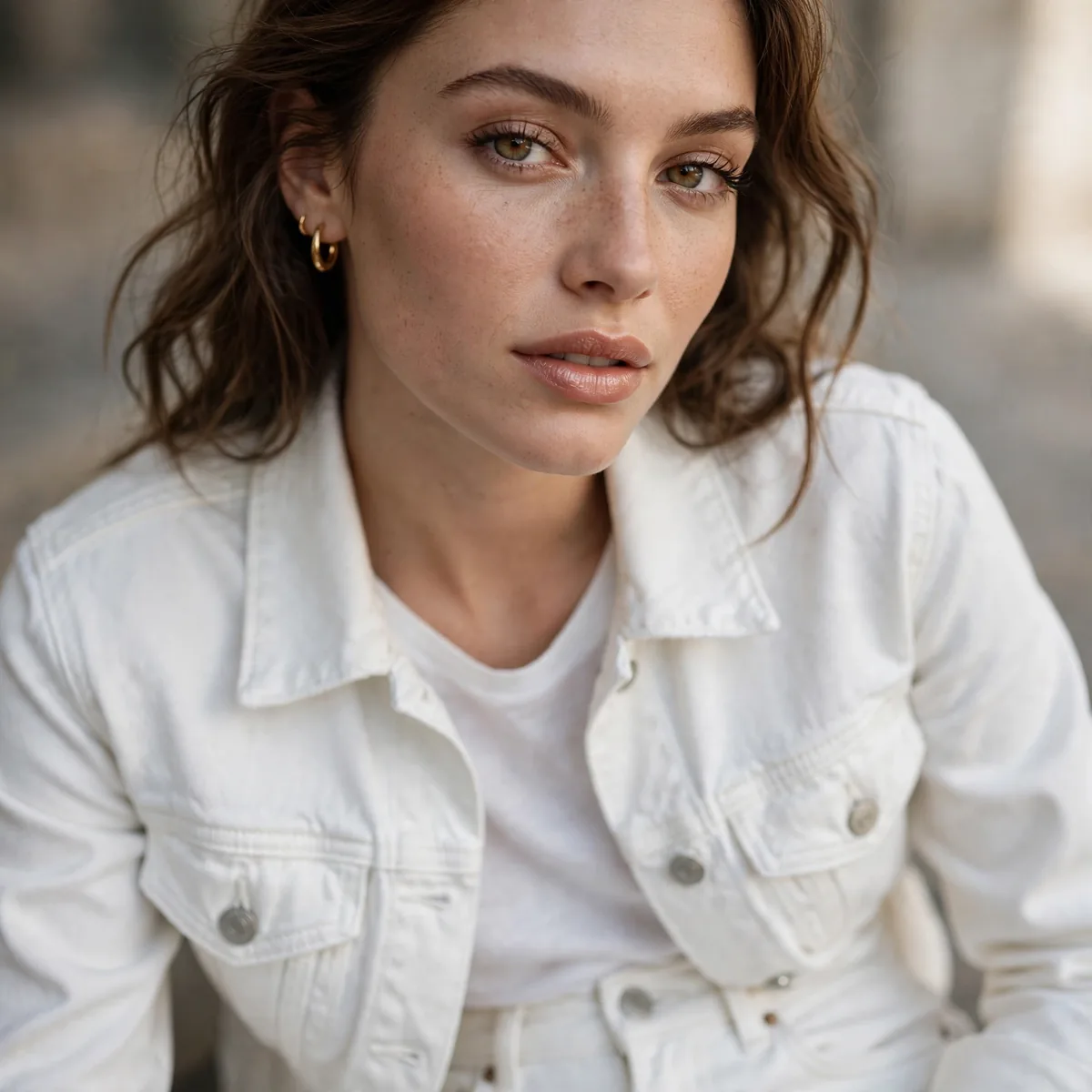 White jeans with white denim jacket