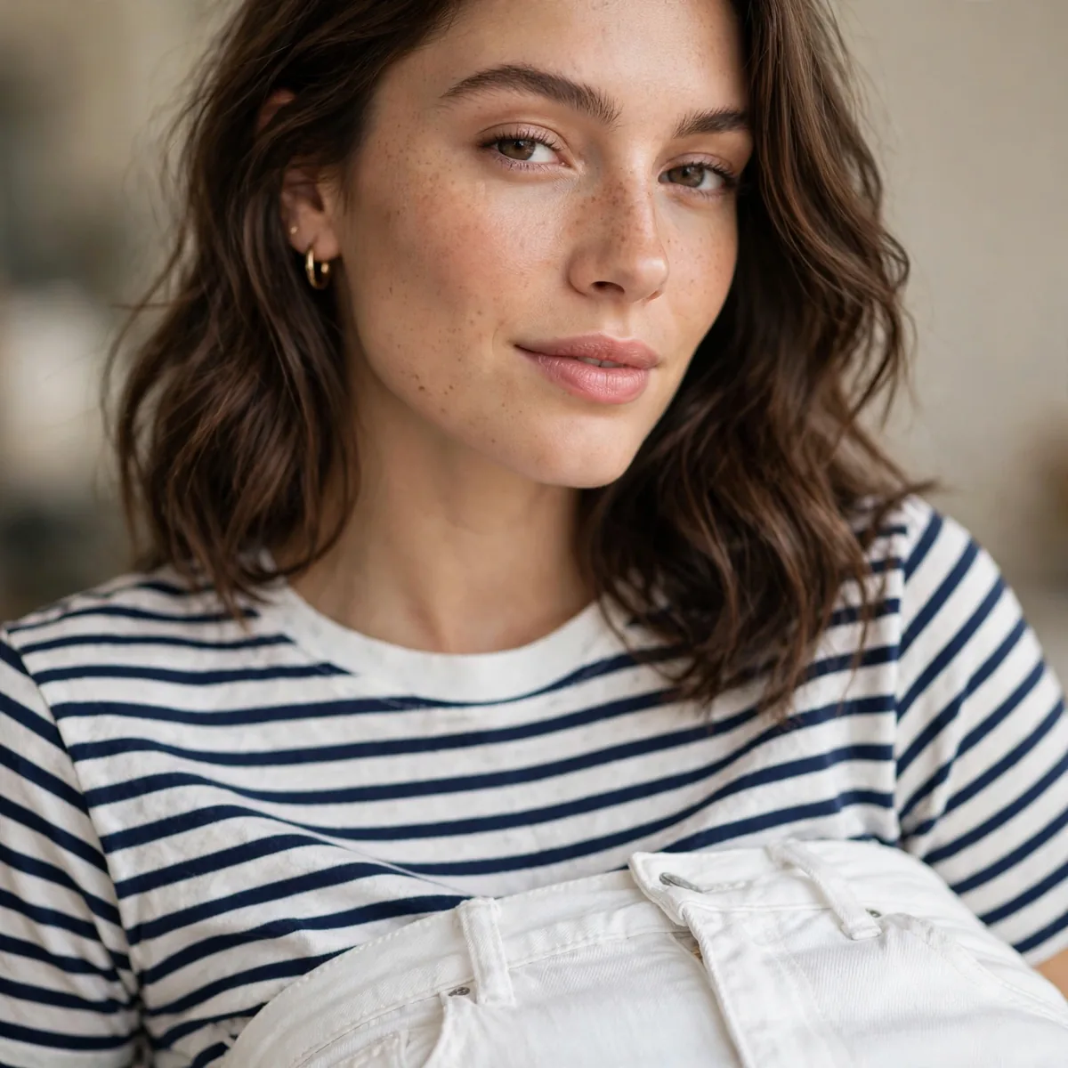 White jeans with Breton stripes