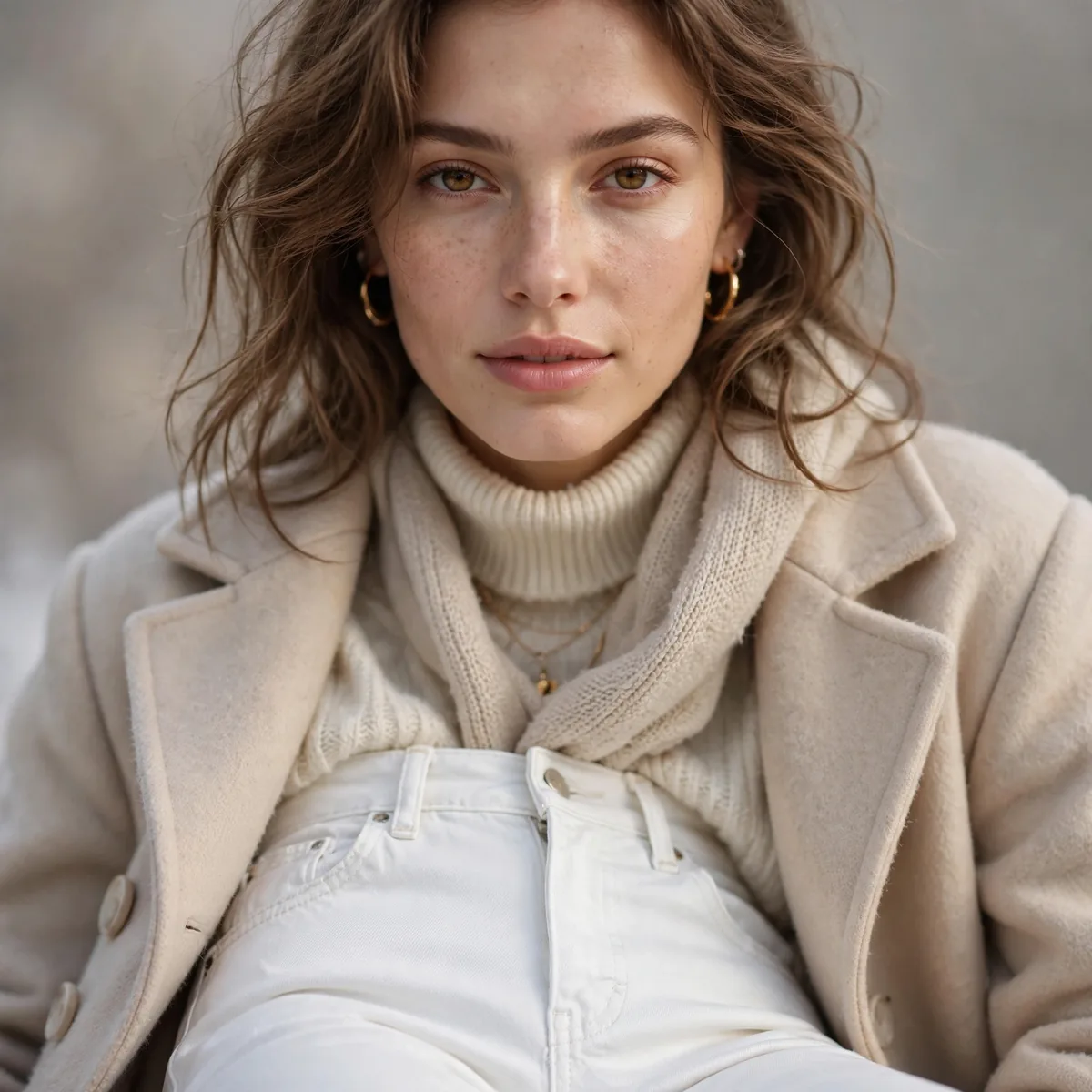 White jeans styled for winter