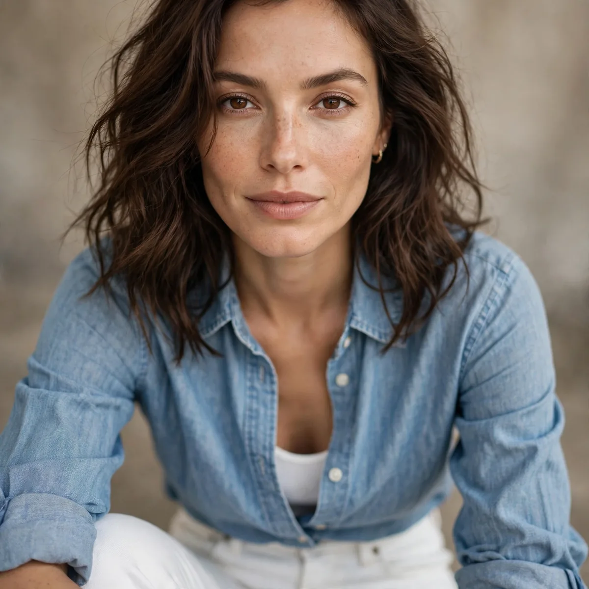 White jeans with chambray shirt
