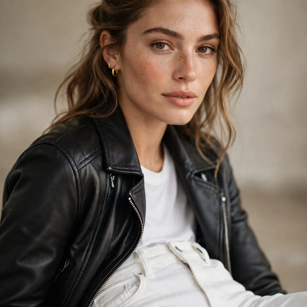 White jeans with black leather jacket