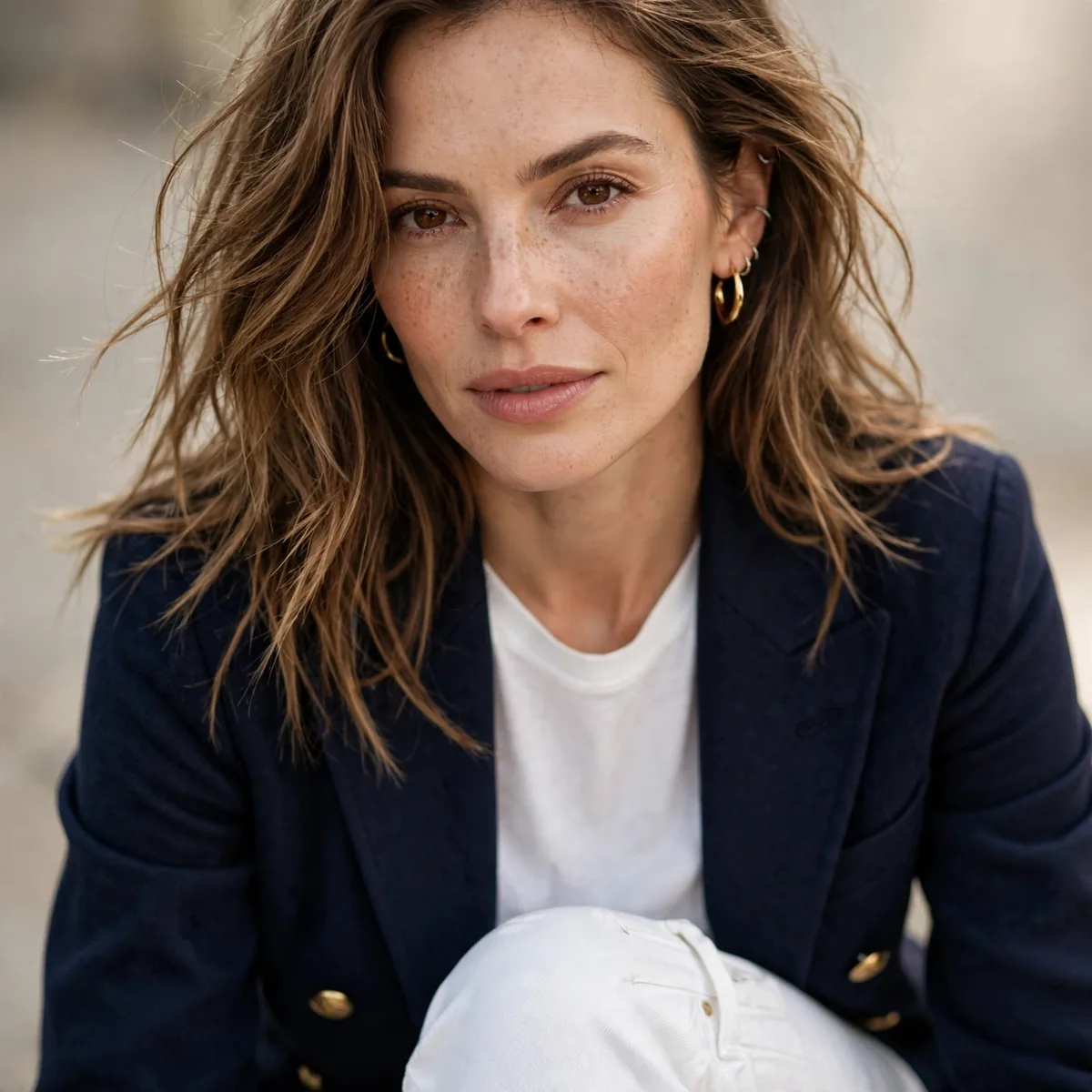 White jeans with navy blazer