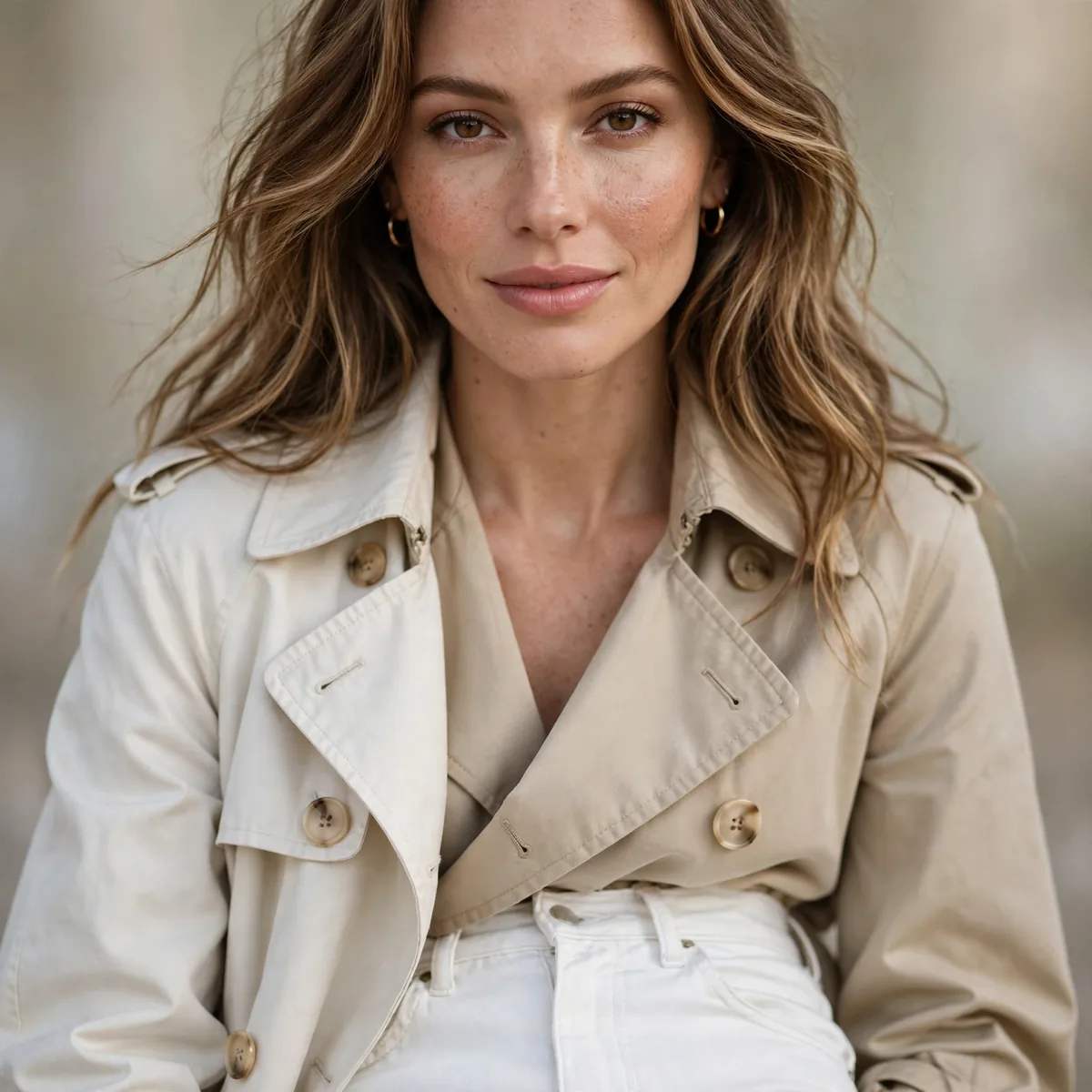 White jeans with trench coat