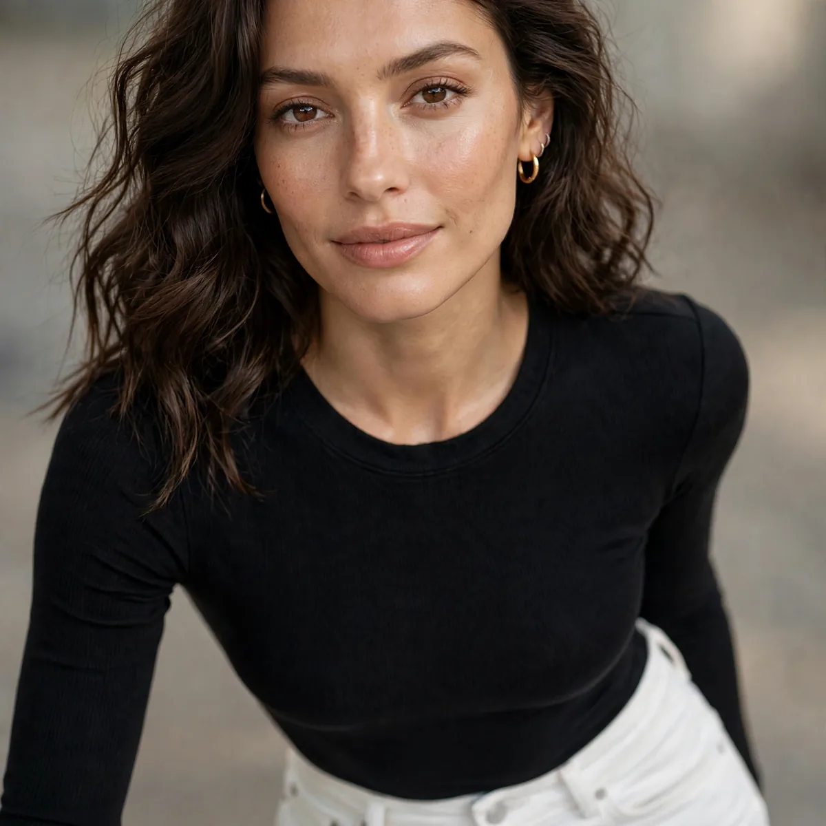 White jeans with black bodysuit