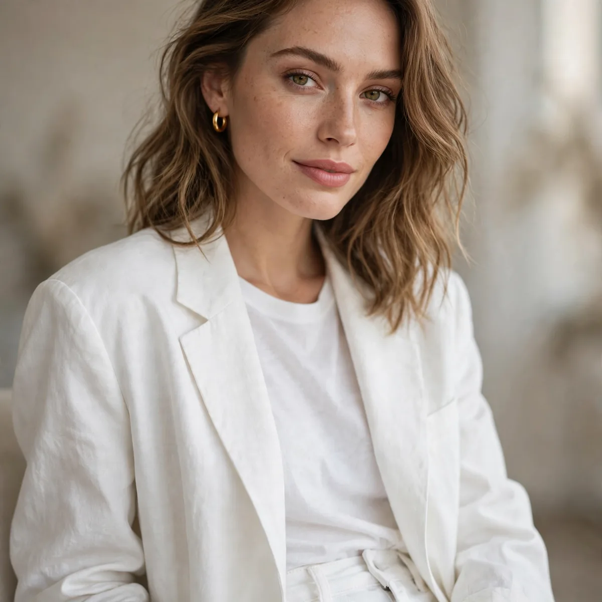 White jeans with oversized blazer