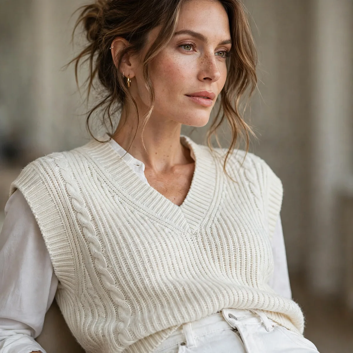 White jeans with sweater vest