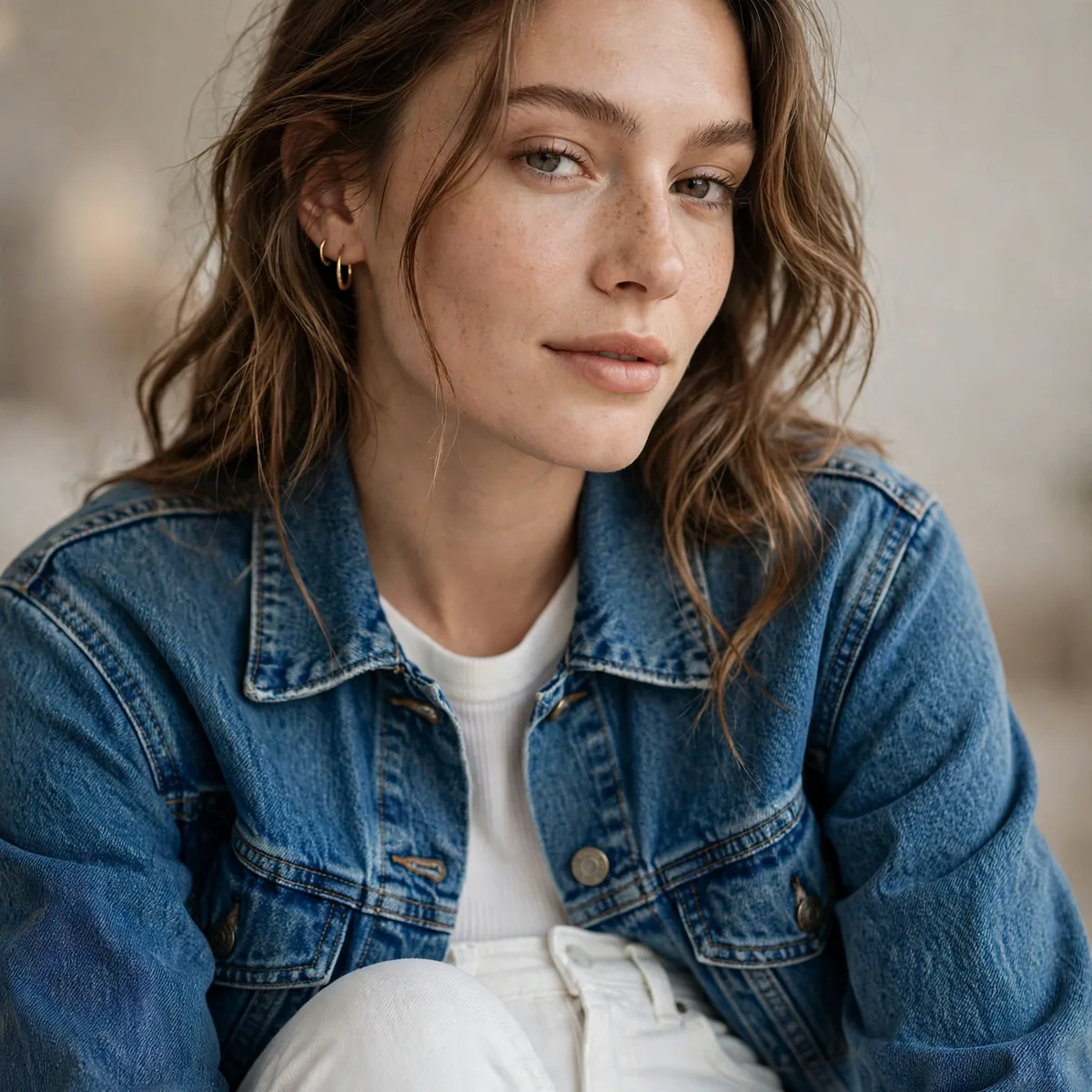 White jeans with blue denim jacket