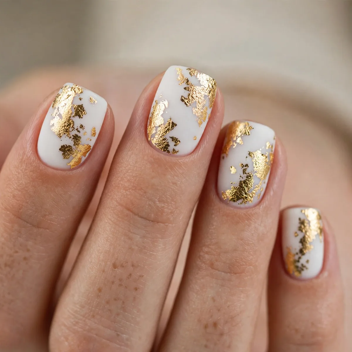 Gold foil on white nails