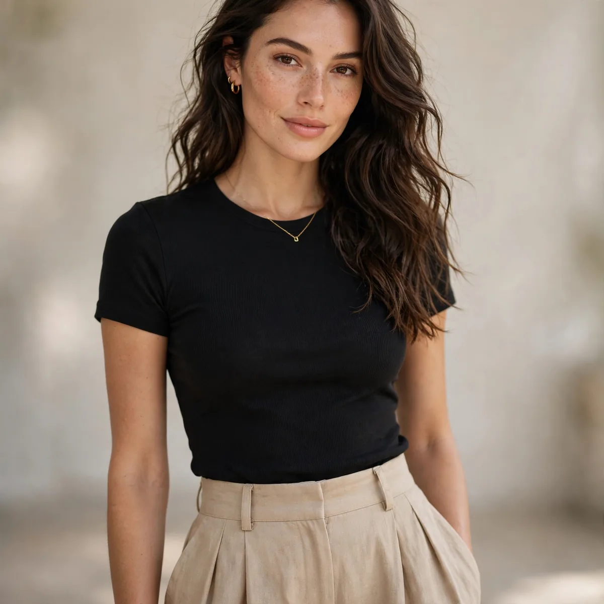 Wide leg pants with fitted t-shirt
