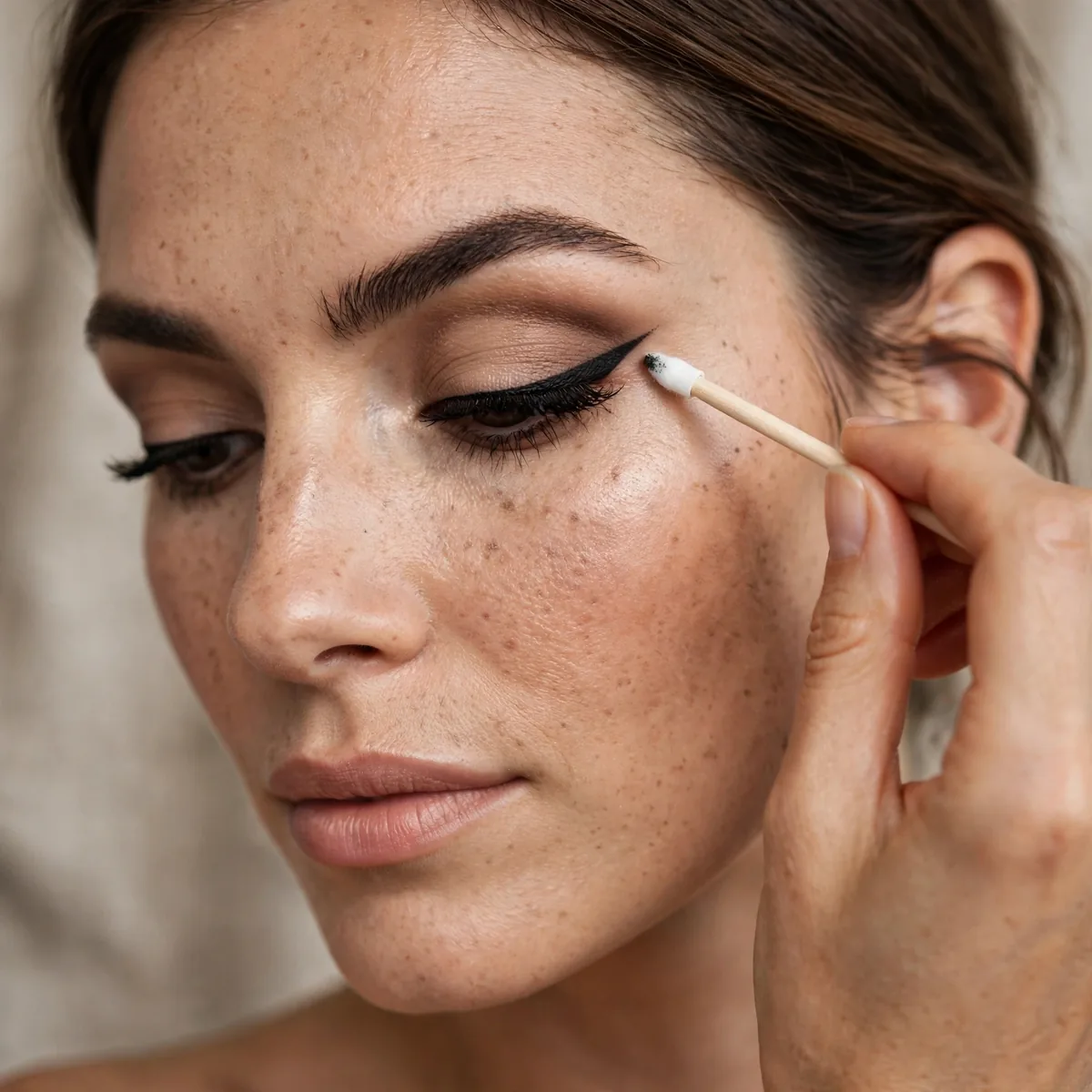 Q-tip cleanup for winged eyeliner