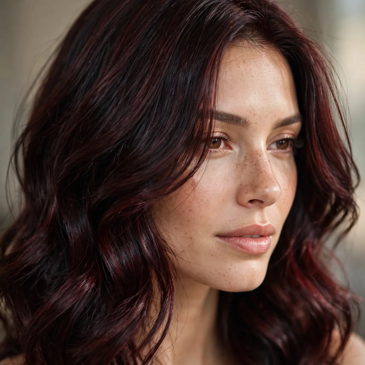 Black Cherry Brunette hairstyle in black cherry with glossy shine