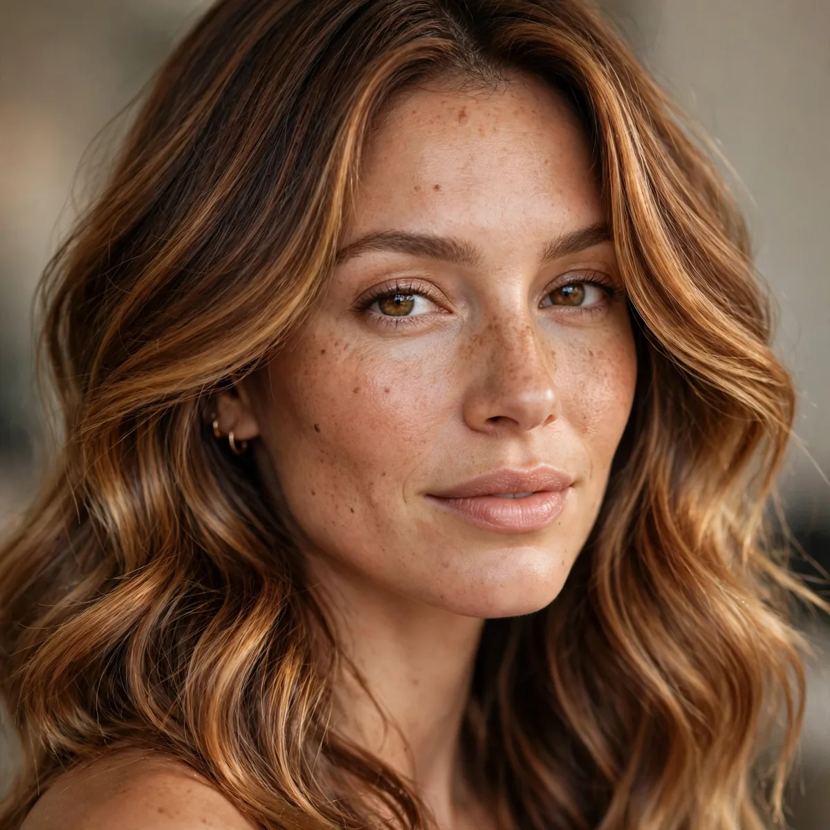 Warm Toffee Balayage hairstyle in warm toffee with luminous richness