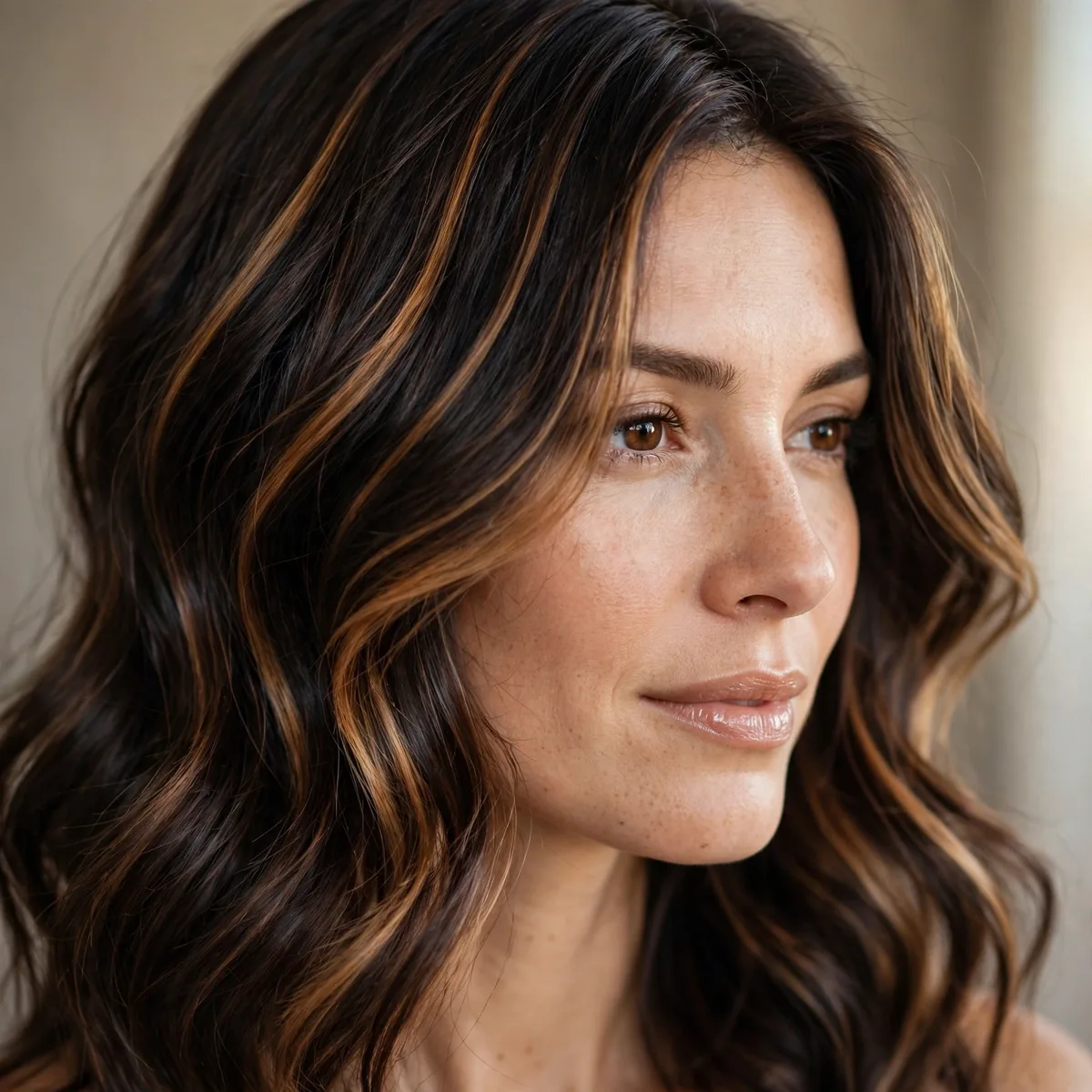 Caramel Ribbon Brunette hairstyle in deep espresso with velvet depth