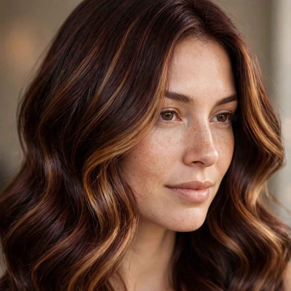 Honeyed Brunette Melt hairstyle in deep mahogany with silky smoothness