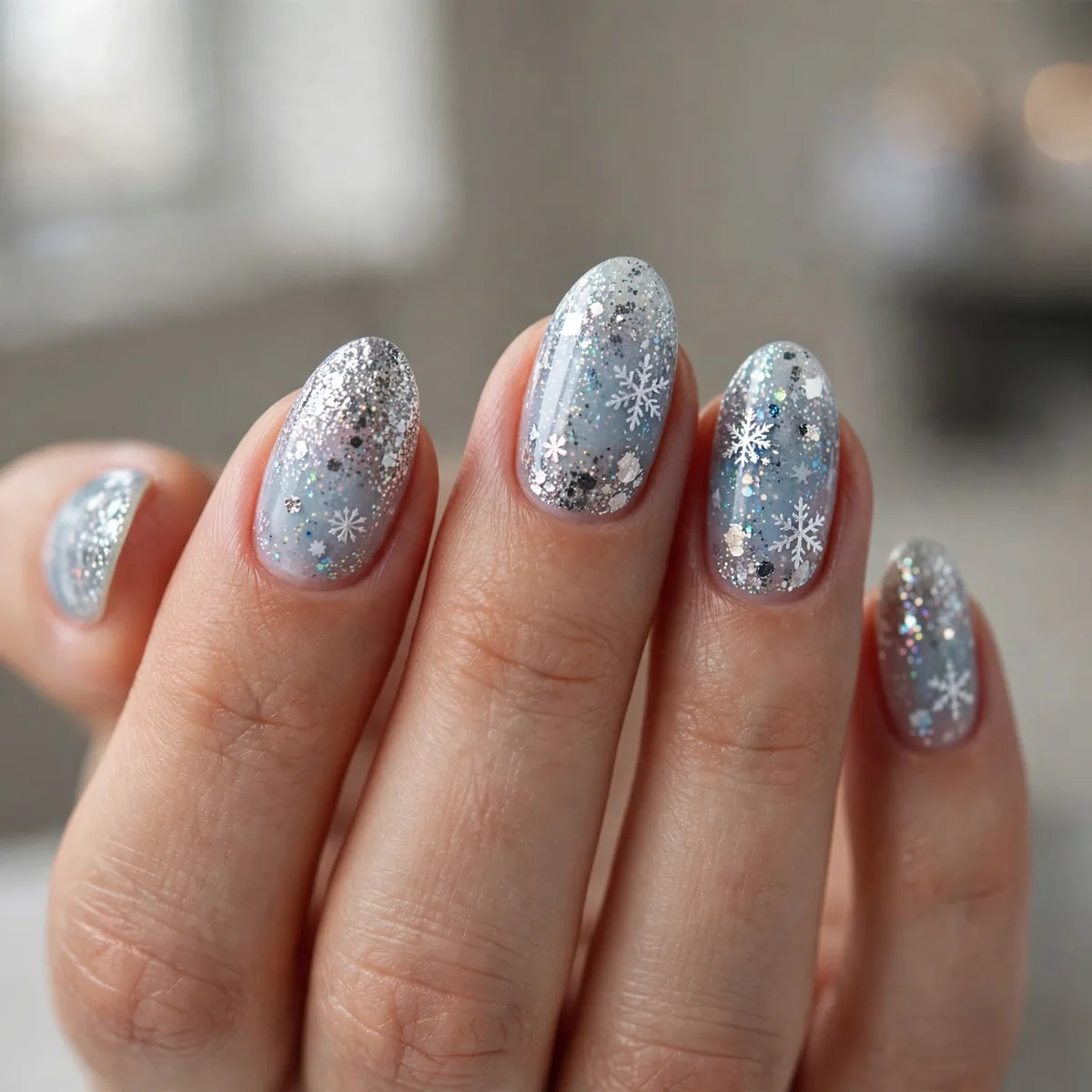 Glitter snowfall winter nail art