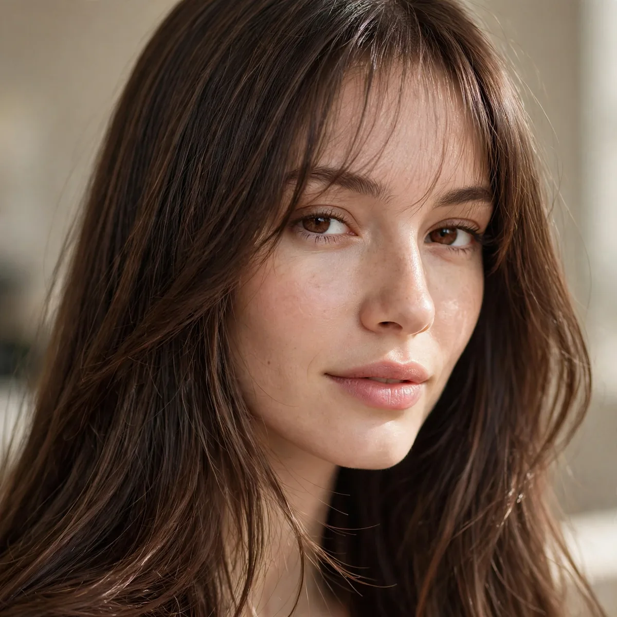 Barely-there wispy bangs on long hair