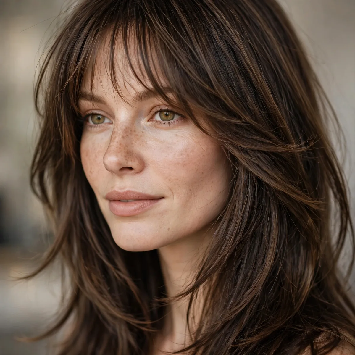 Long layered haircut with wispy bangs