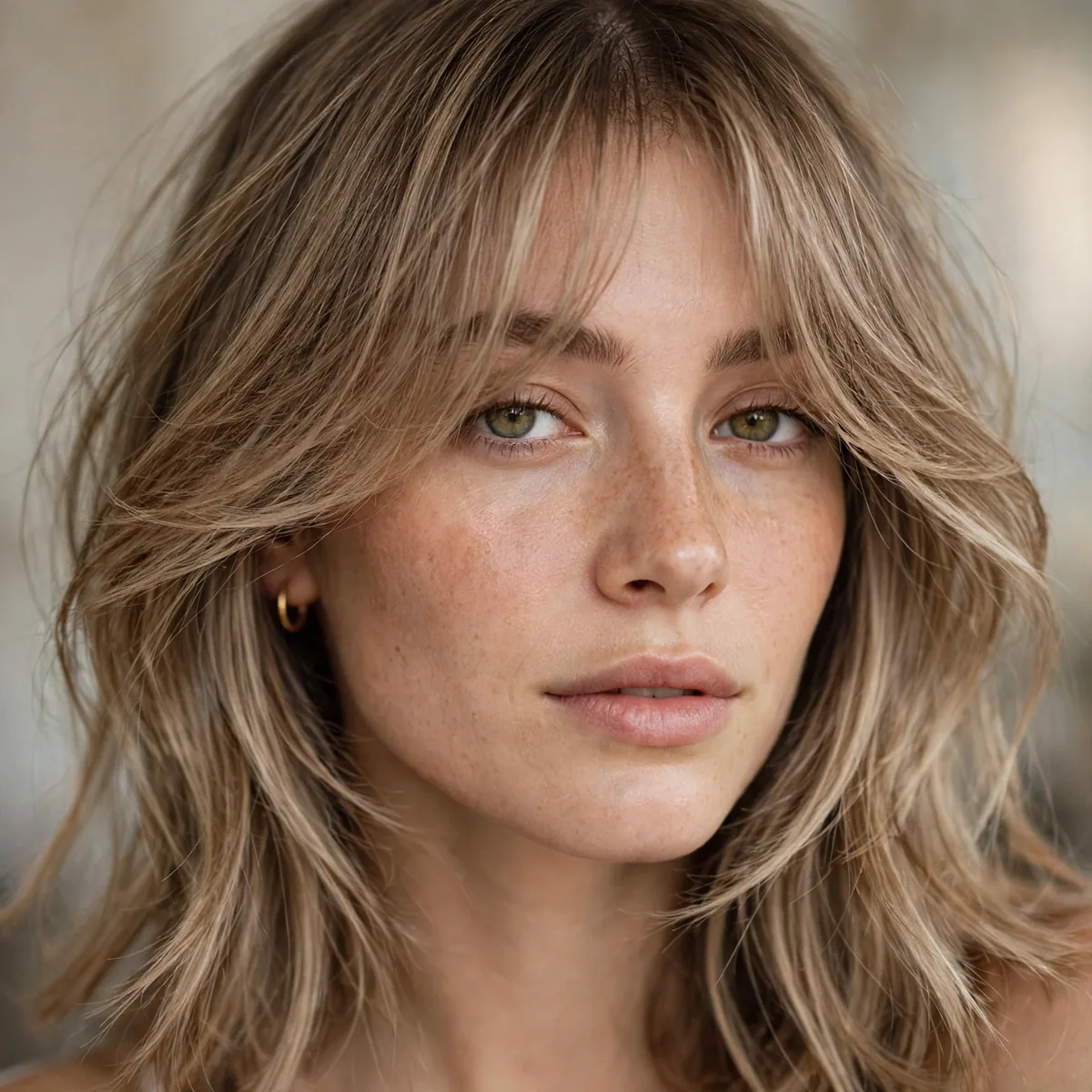 Wispy bangs blended into curtain style