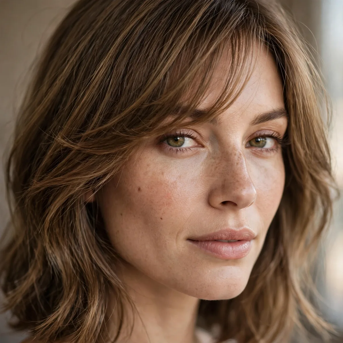 Side-swept wispy bangs on medium hair