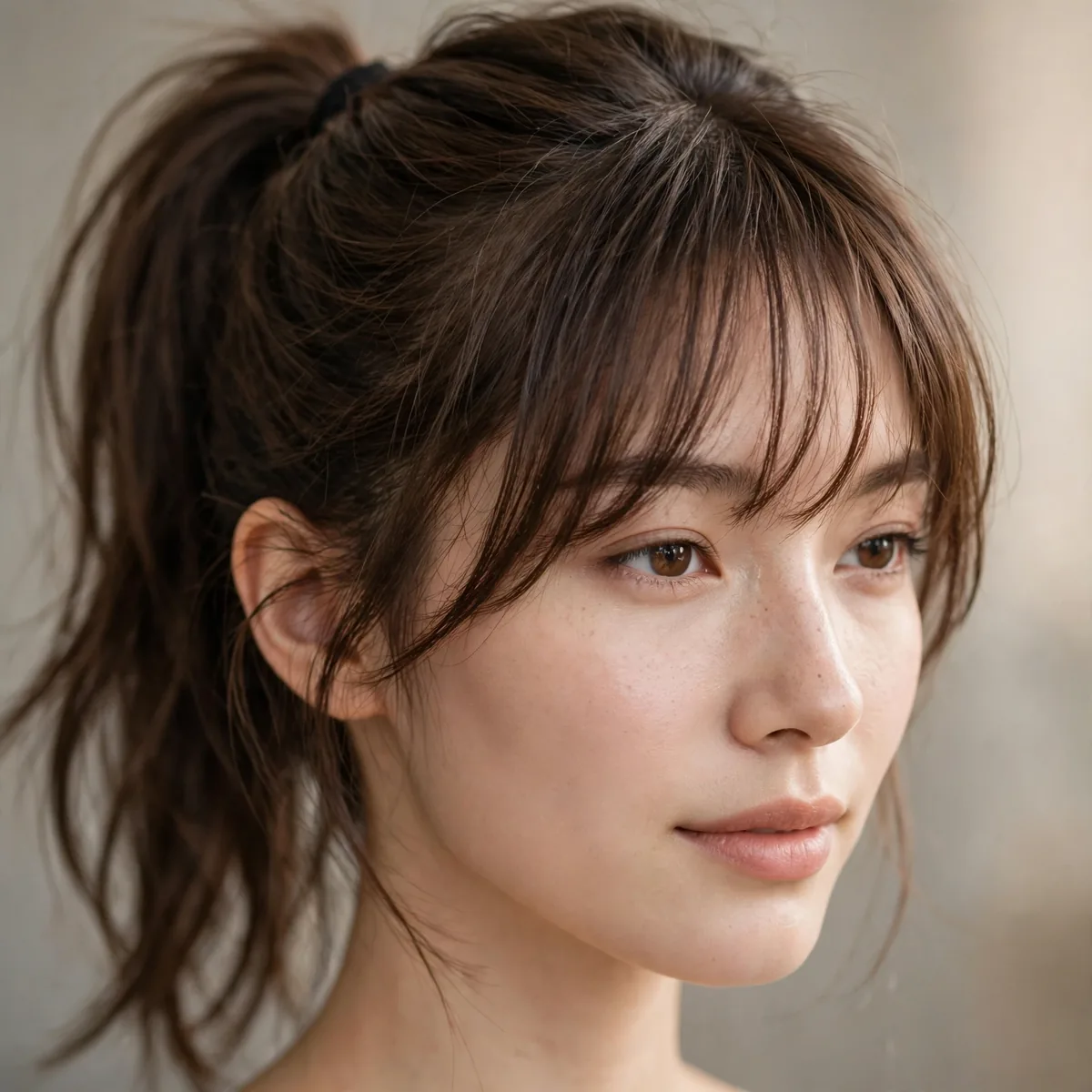Ponytail hairstyle with wispy bangs