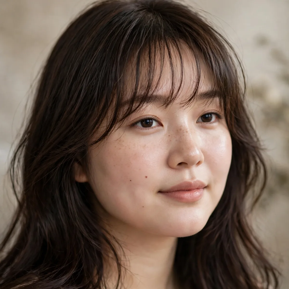 Wispy bangs flattering a round face shape