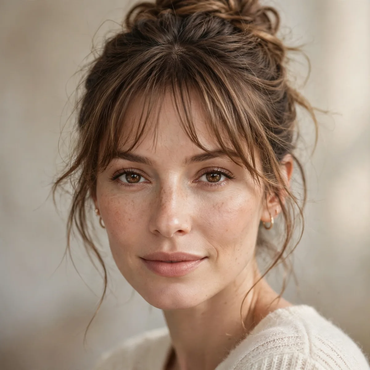 Elegant updo with wispy bangs framing the face