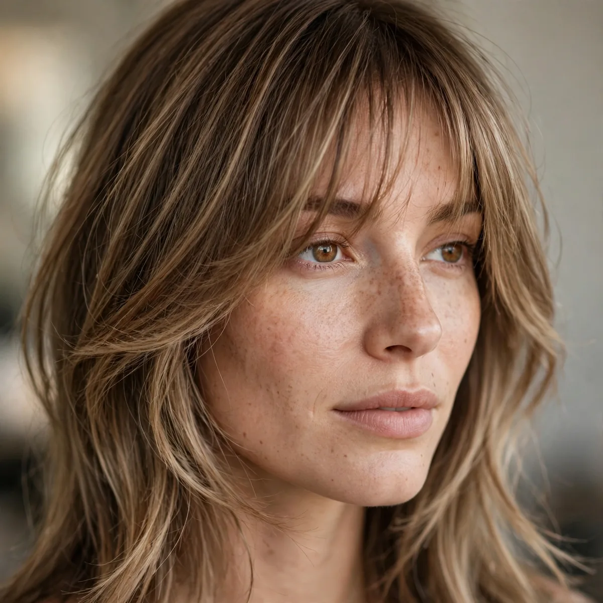 Grown-out wispy bangs blending into face-framing layers