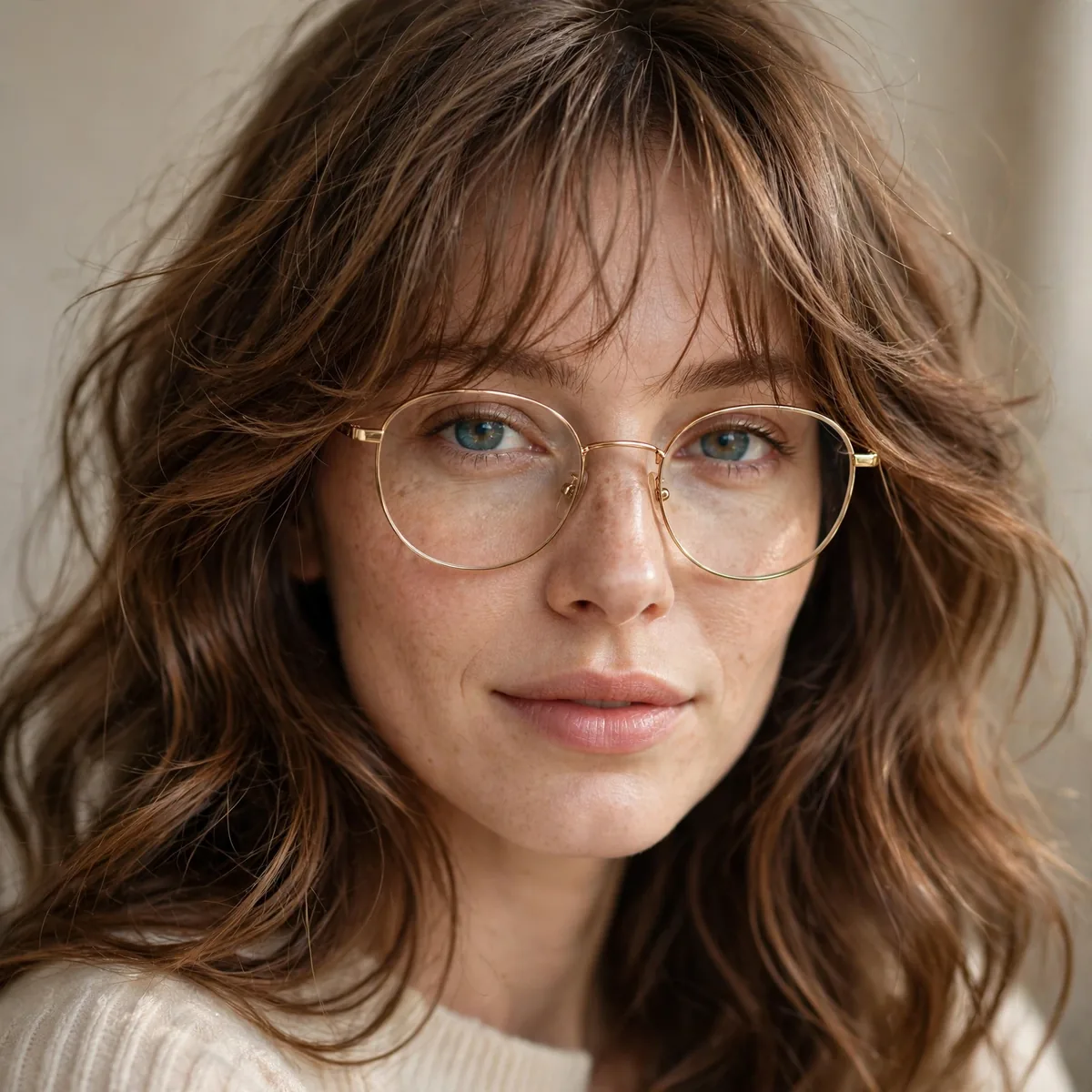 Woman with glasses wearing wispy bangs