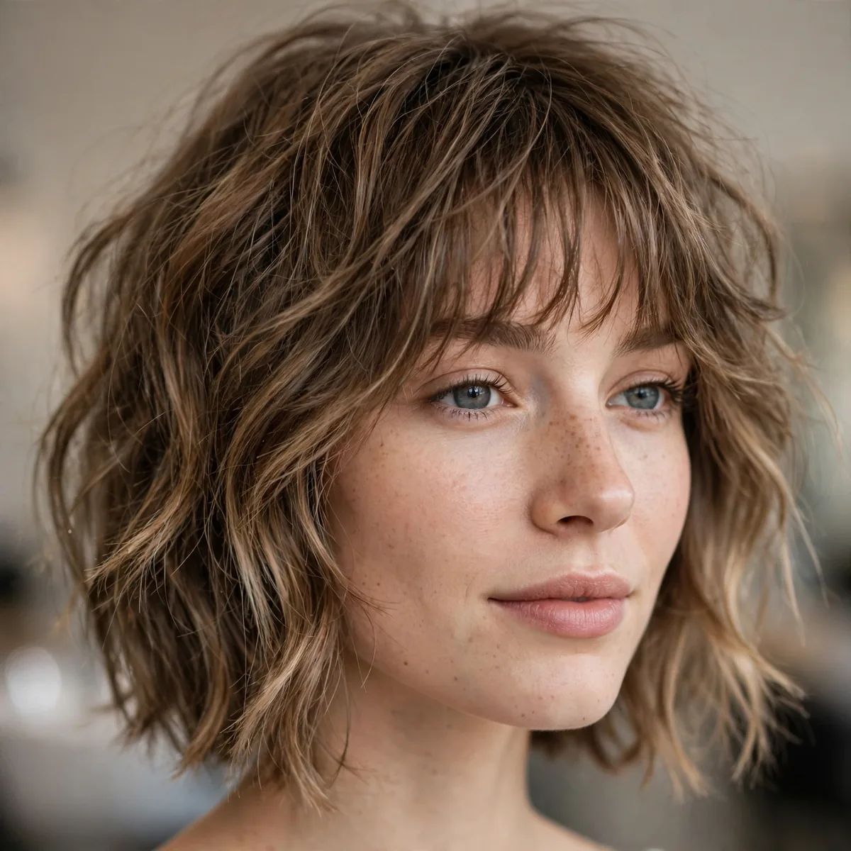 Textured lob haircut with wispy bangs