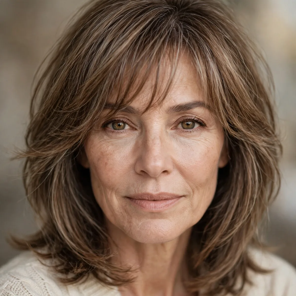 Wispy bangs on a woman over 50 with soft layers