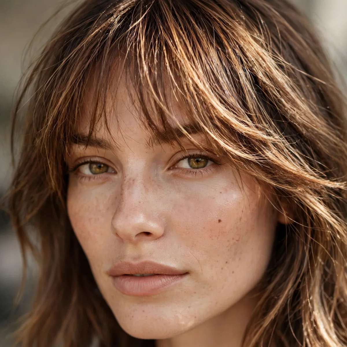 Wispy bangs with sun-kissed highlights